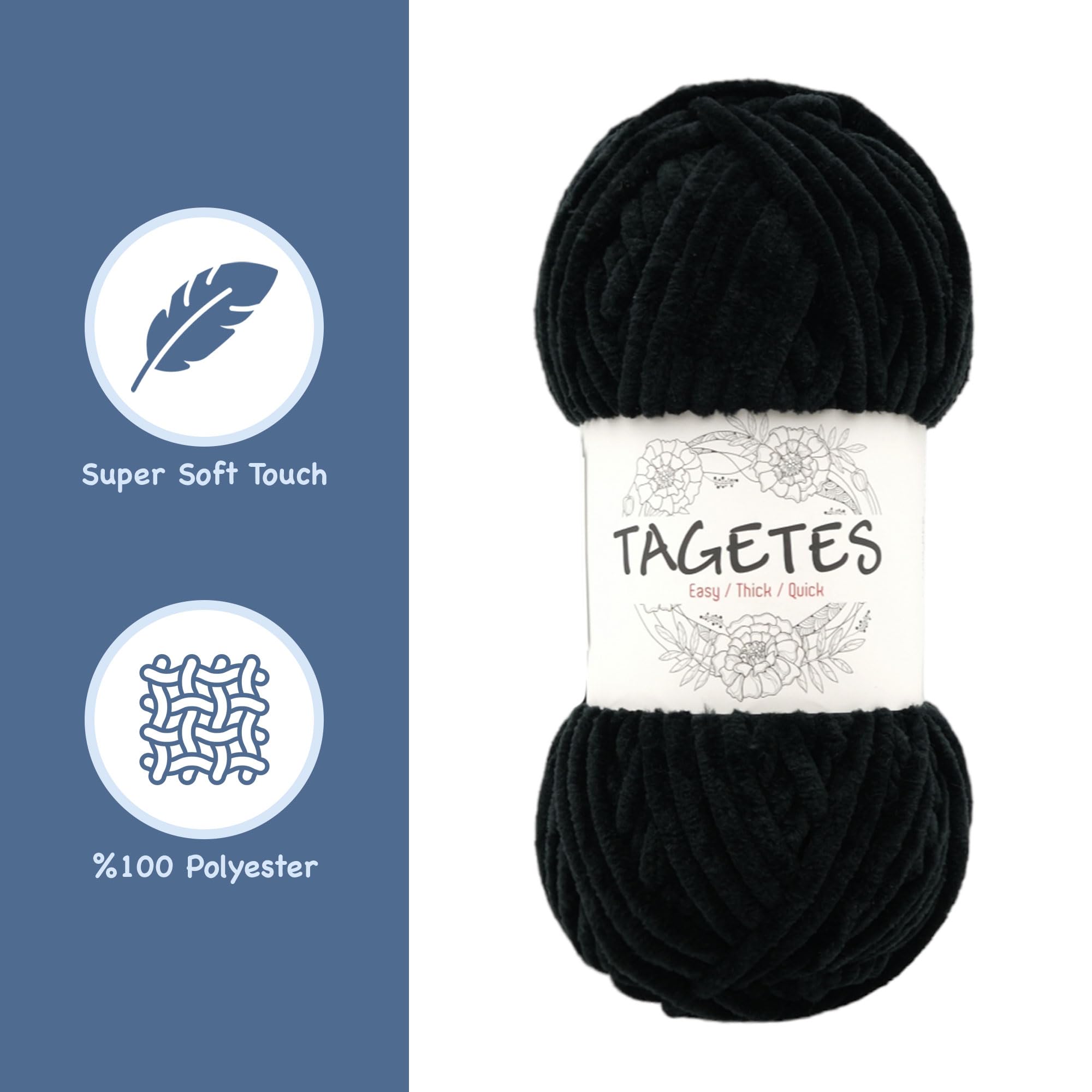 Tagetes Velvet Chenille Yarn (100 gr 132 yds x 2) 264 yds Baby Blanket Yarn, Amigurumi Yarn, Crochet and Knitting Yarn, Super Bulky, Soft, Chunky Yarn (Black)