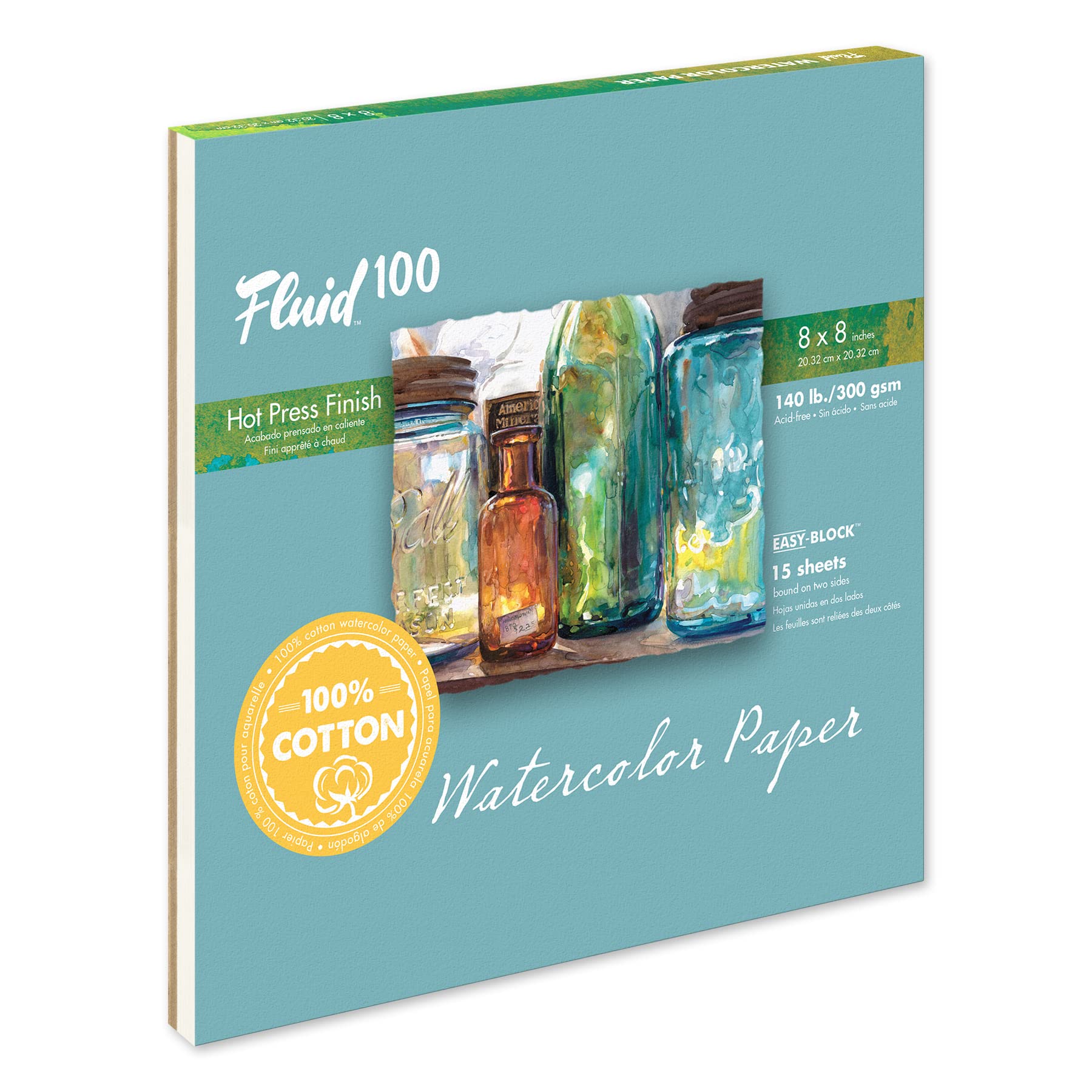 Fluid 100 Artist Watercolor Block, 140 lb (300 GSM) 100% Cotton Hot Press Pad for Watercolor Painting and Wet Media w/Easy Block Binding, 8 x 8 inches, 15 Sheets