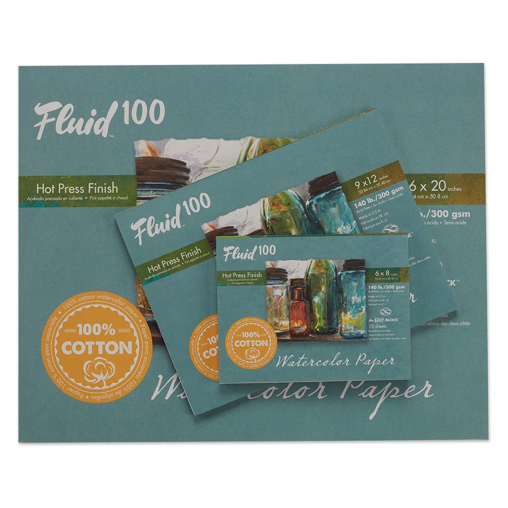 Fluid 100 Artist Watercolor Block, 140 lb (300 GSM) 100% Cotton Hot Press Pad for Watercolor Painting and Wet Media w/Easy Block Binding, 8 x 8 inches, 15 Sheets