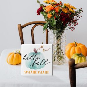 Hello Fall Table Wooden Box Sign Decor, Sweater Weather, Autumn Table Decor Fall Pumpkin Farmhouse Tabletop Decorations for Home Office Harvest Thanksgiving Rustic Desk Decor