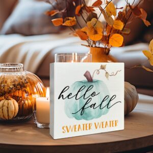 Hello Fall Table Wooden Box Sign Decor, Sweater Weather, Autumn Table Decor Fall Pumpkin Farmhouse Tabletop Decorations for Home Office Harvest Thanksgiving Rustic Desk Decor