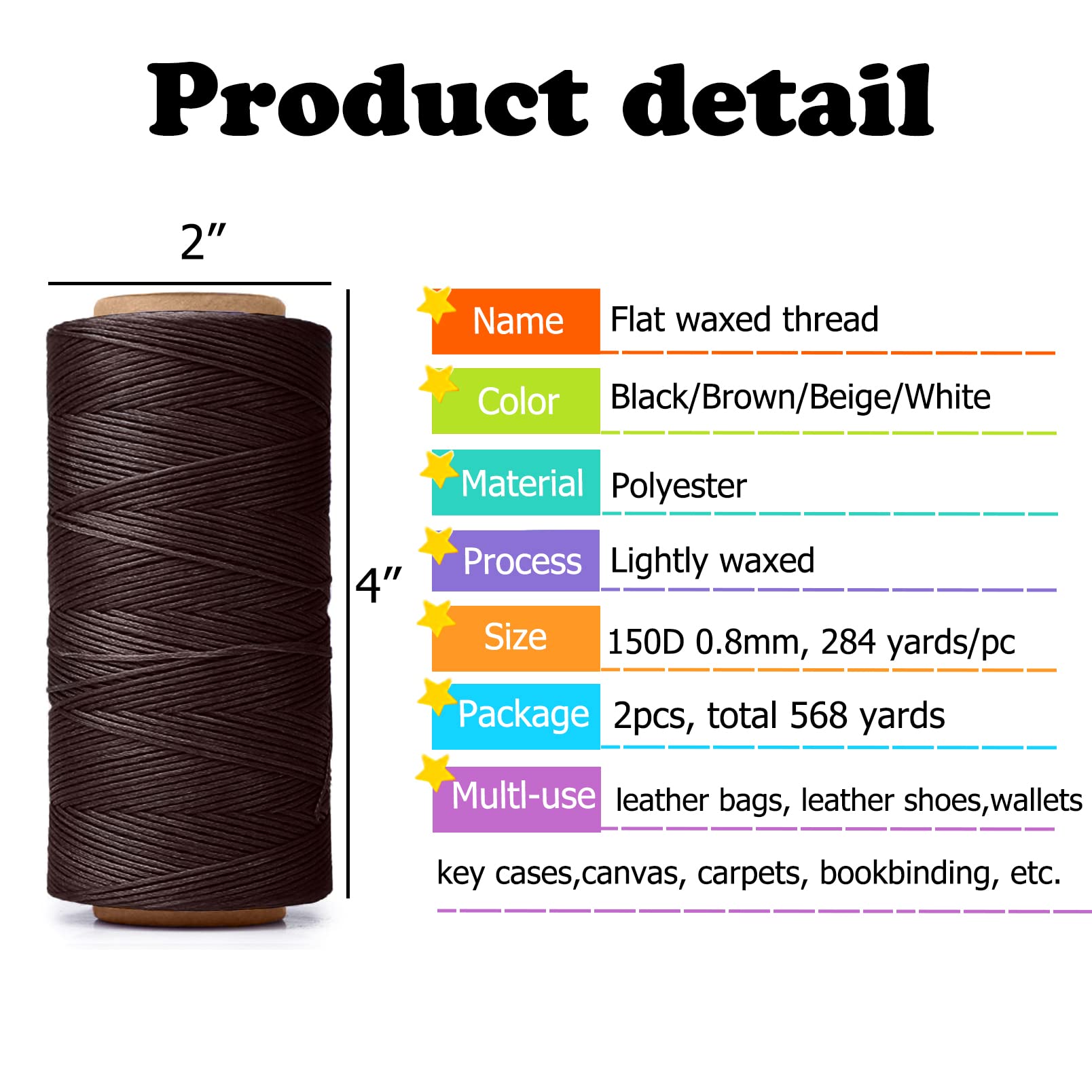 HILELIFE Waxed Thread, 568 Yards 2 PCS 150D 0.8mm Waxed Thread for Leather Sewing, Leather Thread for Hand Sewing, Leather Craft DIY, Wallets, Shoe Repairing, Book Binding (Brown)