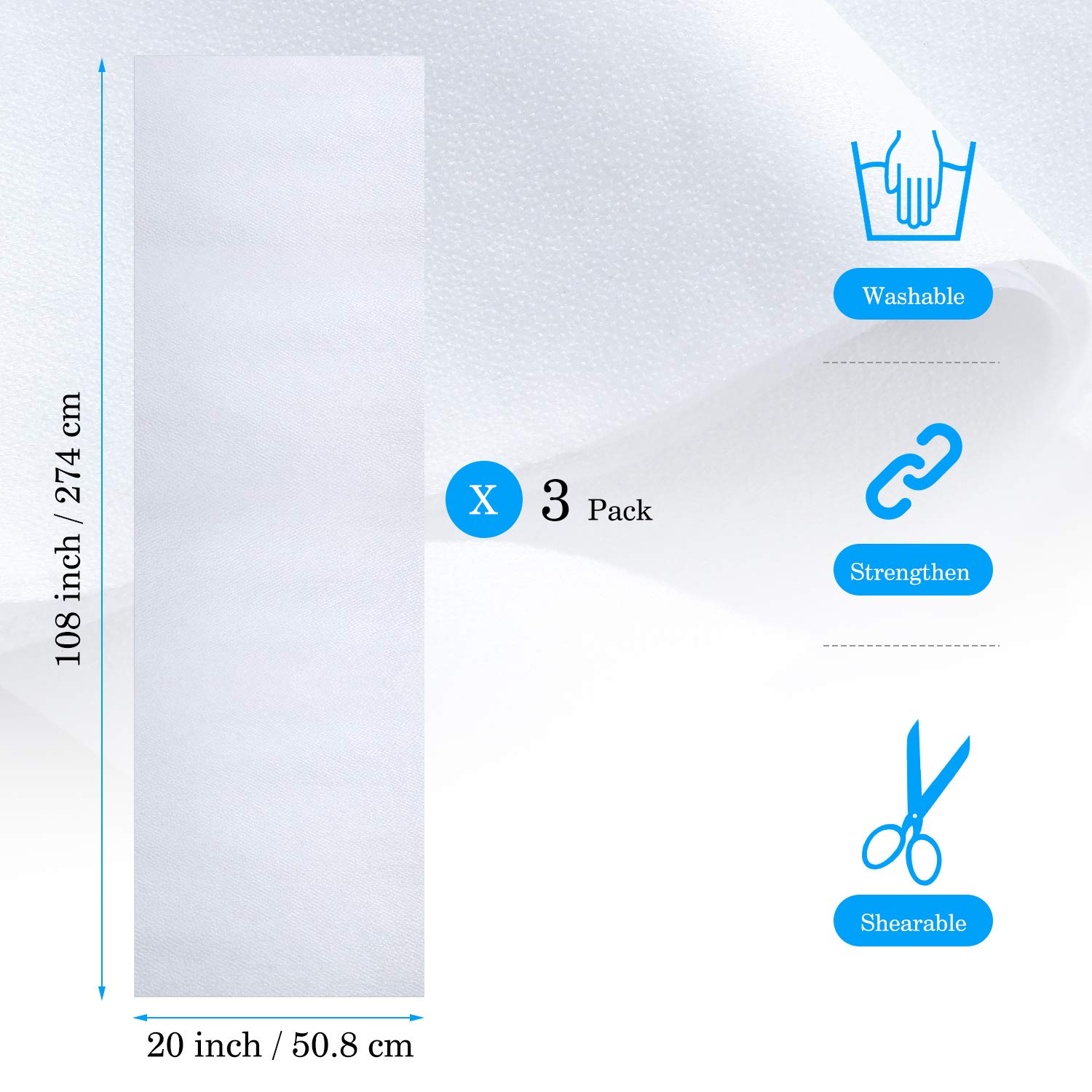 3 Pieces Fusible Interfacing Non-Woven Lightweight Polyester Interfacing (White, 20 Inch x 3 Yards)