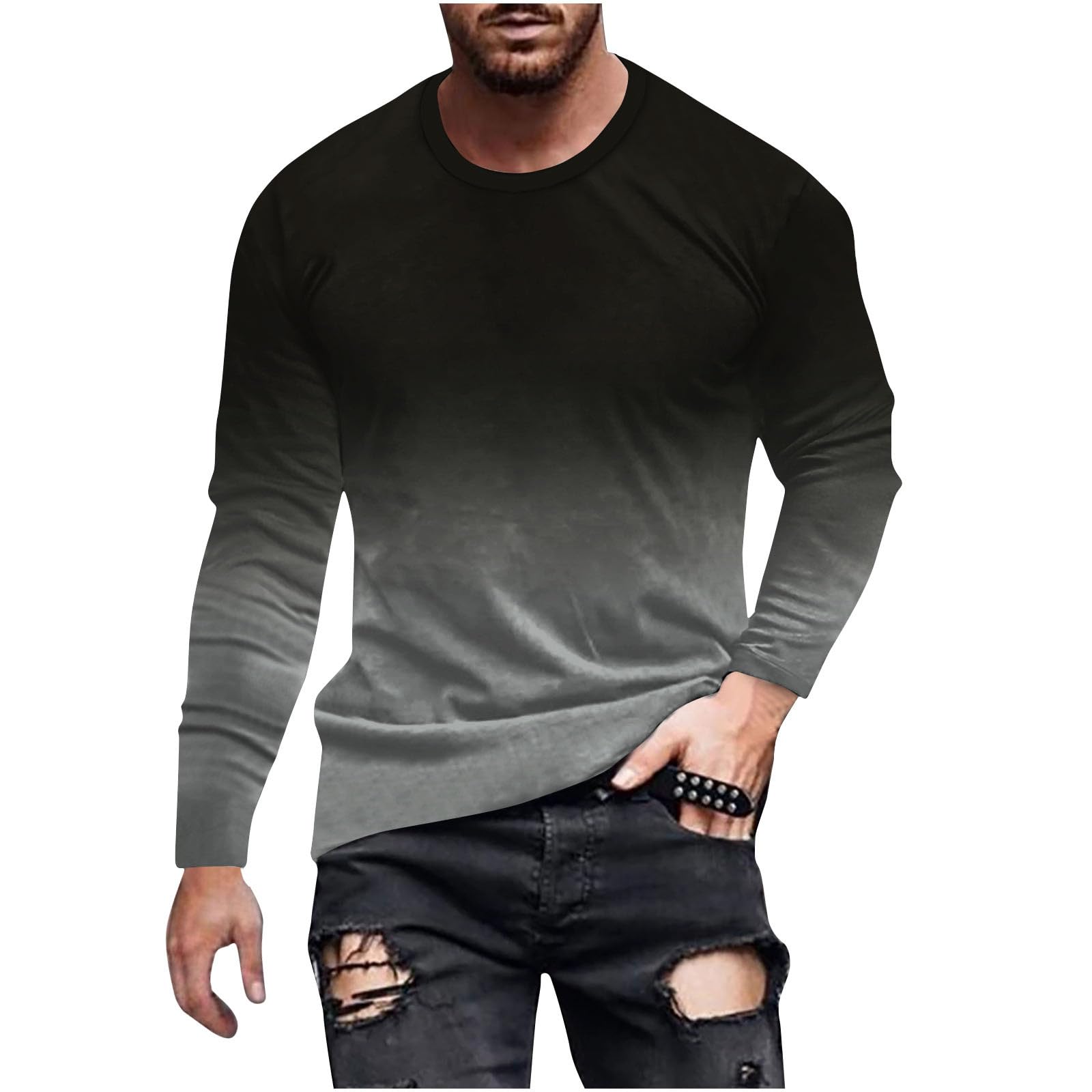 long sleeve tee shirts for men 2023 Mens Long Sleeve Shirts Casual Gradient Color Loose Pullover Graphic Tee Shirts Fall Fashion Athletic Sweatshirts mens tshirts graphic funny vintage Black 3X