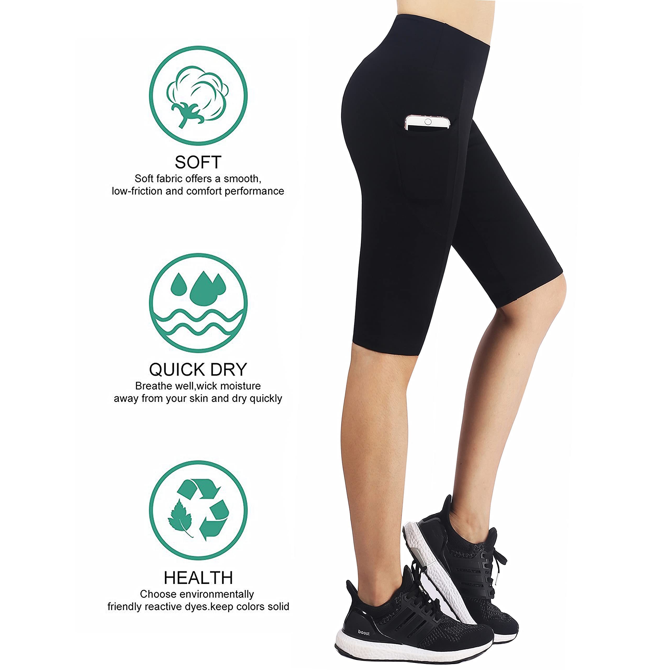 Zinmore Women's Knee Length Tights Yoga Shorts Workout Pants Running Leggings with Pockets Black XL