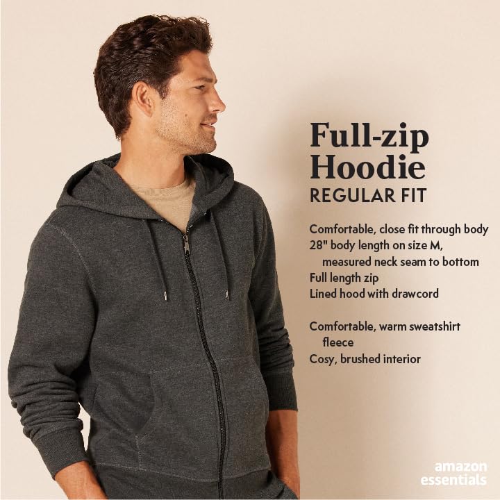 Amazon Essentials Men's Full-Zip Fleece Hoodie (Available in Big & Tall), Black Grey Heather, Medium