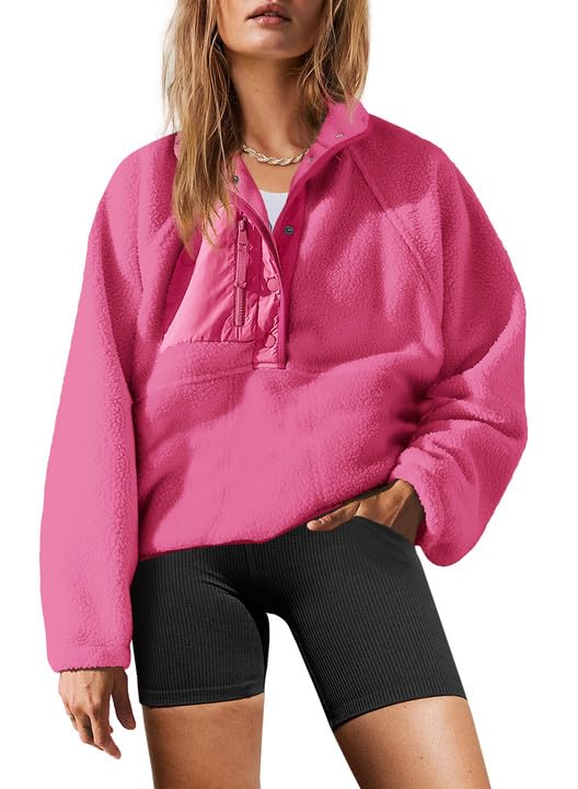 Yanekop Womens Fuzzy Fleece Pullover Sherpa Sweatshirt Long Sleeve Button Down Sweater Jacket with Pockets(Hot Pink,L)