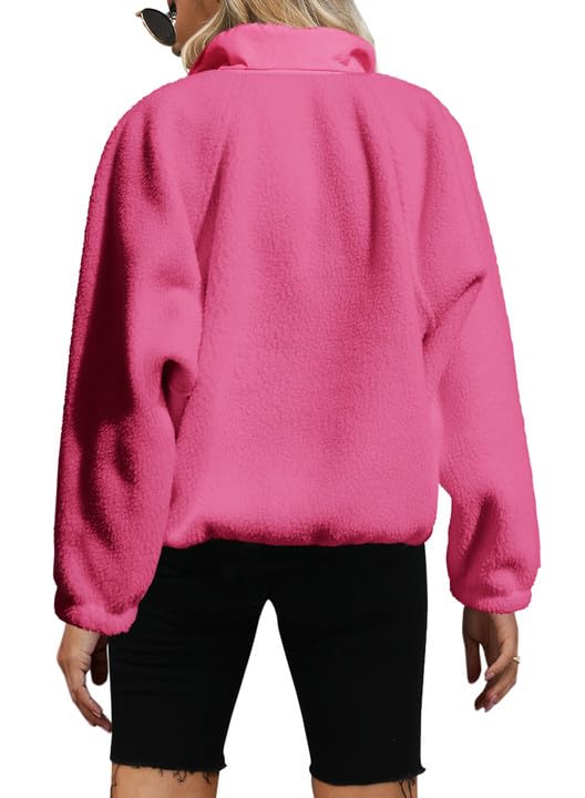 Yanekop Womens Fuzzy Fleece Pullover Sherpa Sweatshirt Long Sleeve Button Down Sweater Jacket with Pockets(Hot Pink,L)