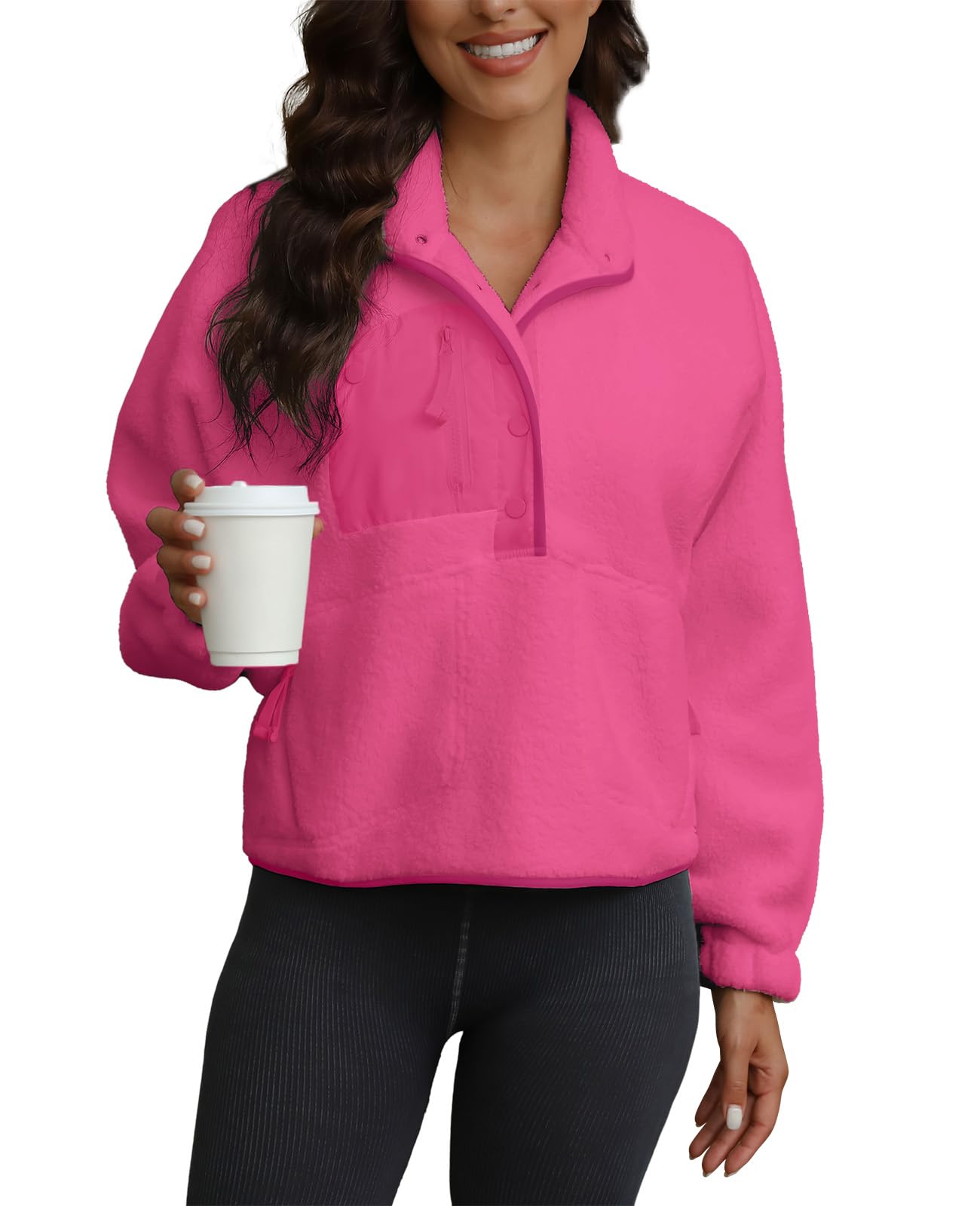 Yanekop Womens Fuzzy Fleece Pullover Sherpa Sweatshirt Long Sleeve Button Down Sweater Jacket with Pockets(Hot Pink,L)