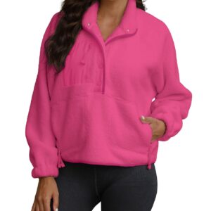 Yanekop Womens Fuzzy Fleece Pullover Sherpa Sweatshirt Long Sleeve Button Down Sweater Jacket with Pockets(Hot Pink,L)