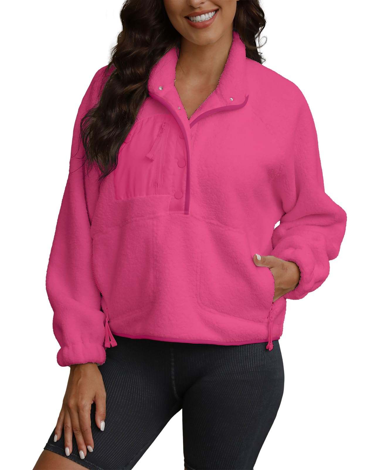 Yanekop Womens Fuzzy Fleece Pullover Sherpa Sweatshirt Long Sleeve Button Down Sweater Jacket with Pockets(Hot Pink,L)