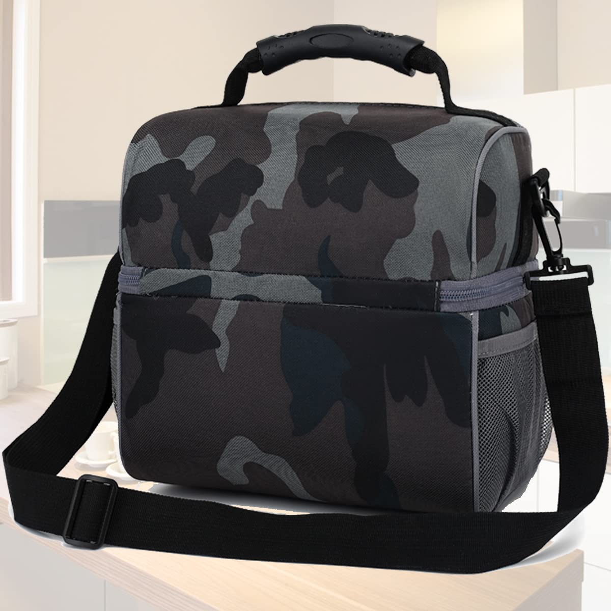 FlowFly Double Layer Cooler Insulated Lunch Bag Adult Lunch Box Large Tote Bag for Men, Women, With Adjustable Strap,Front Pocket and Dual Large Mesh Side Pockets,Black Camo