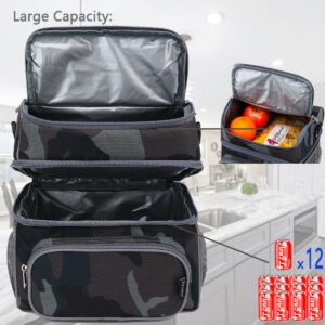 FlowFly Double Layer Cooler Insulated Lunch Bag Adult Lunch Box Large Tote Bag for Men, Women, With Adjustable Strap,Front Pocket and Dual Large Mesh Side Pockets,Black Camo