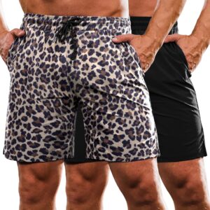 coofandy men's 2 pack gym workout shorts 7 inch quick dry athletic shorts lightweight running shorts with pockets leopard/black