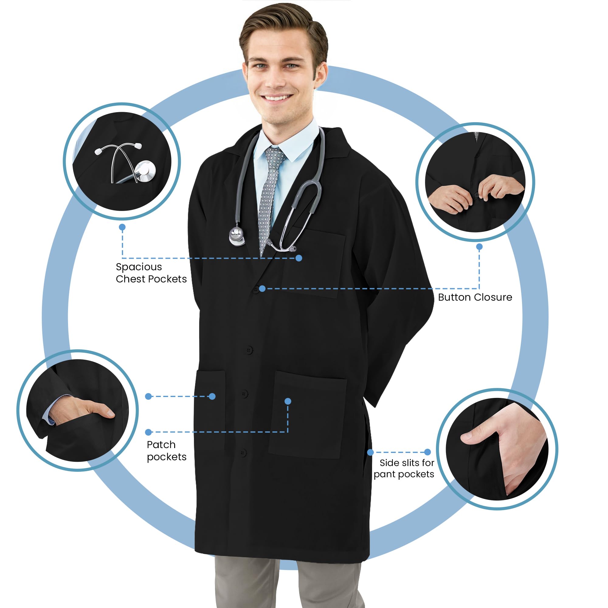 NY Threads Professional Lab Coat for Men Poly Cotton Long Sleeve Medical Coat, X-Small, Black