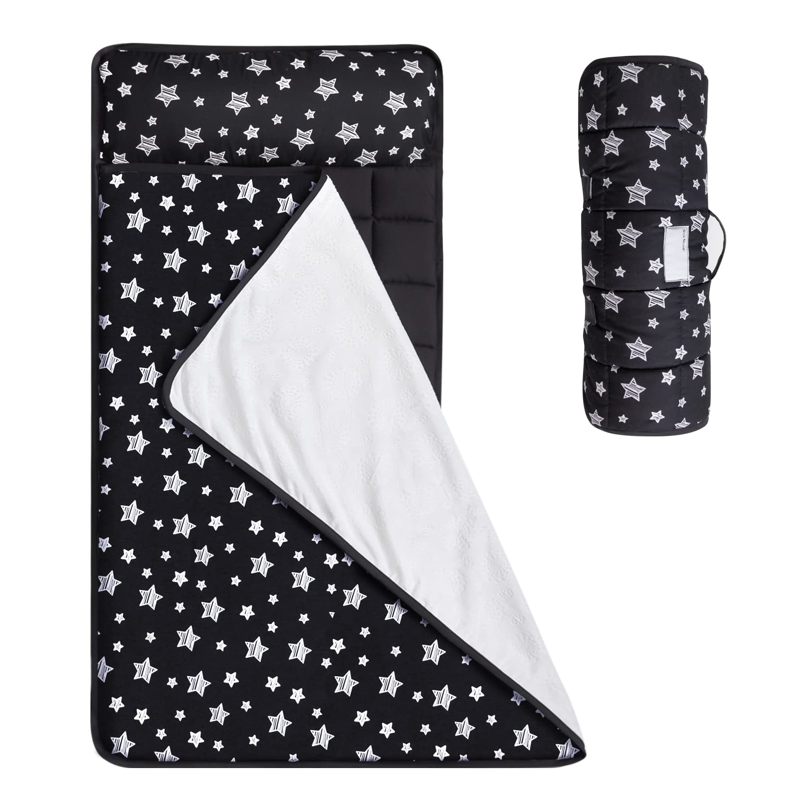 Toddler Sleeping Bag Nap Mat Black with Removable Pillow and Fleece Minky Blanket, Lightweight, Soft Perfect for Kids Preschool, Daycare, Travel Sleeping Bag Boys Girls, 21" x 50" Fit Standard Cot