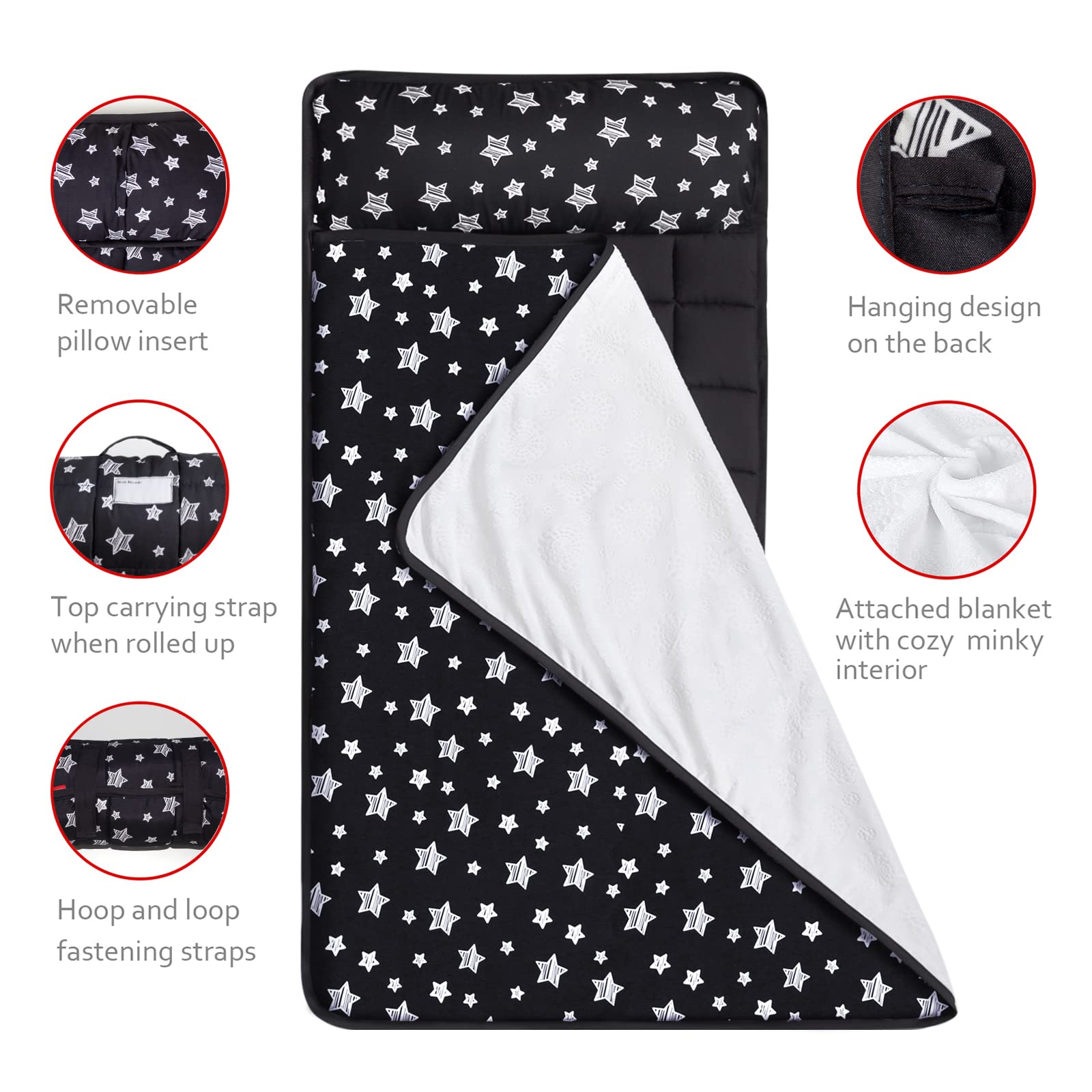 Toddler Sleeping Bag Nap Mat Black with Removable Pillow and Fleece Minky Blanket, Lightweight, Soft Perfect for Kids Preschool, Daycare, Travel Sleeping Bag Boys Girls, 21" x 50" Fit Standard Cot