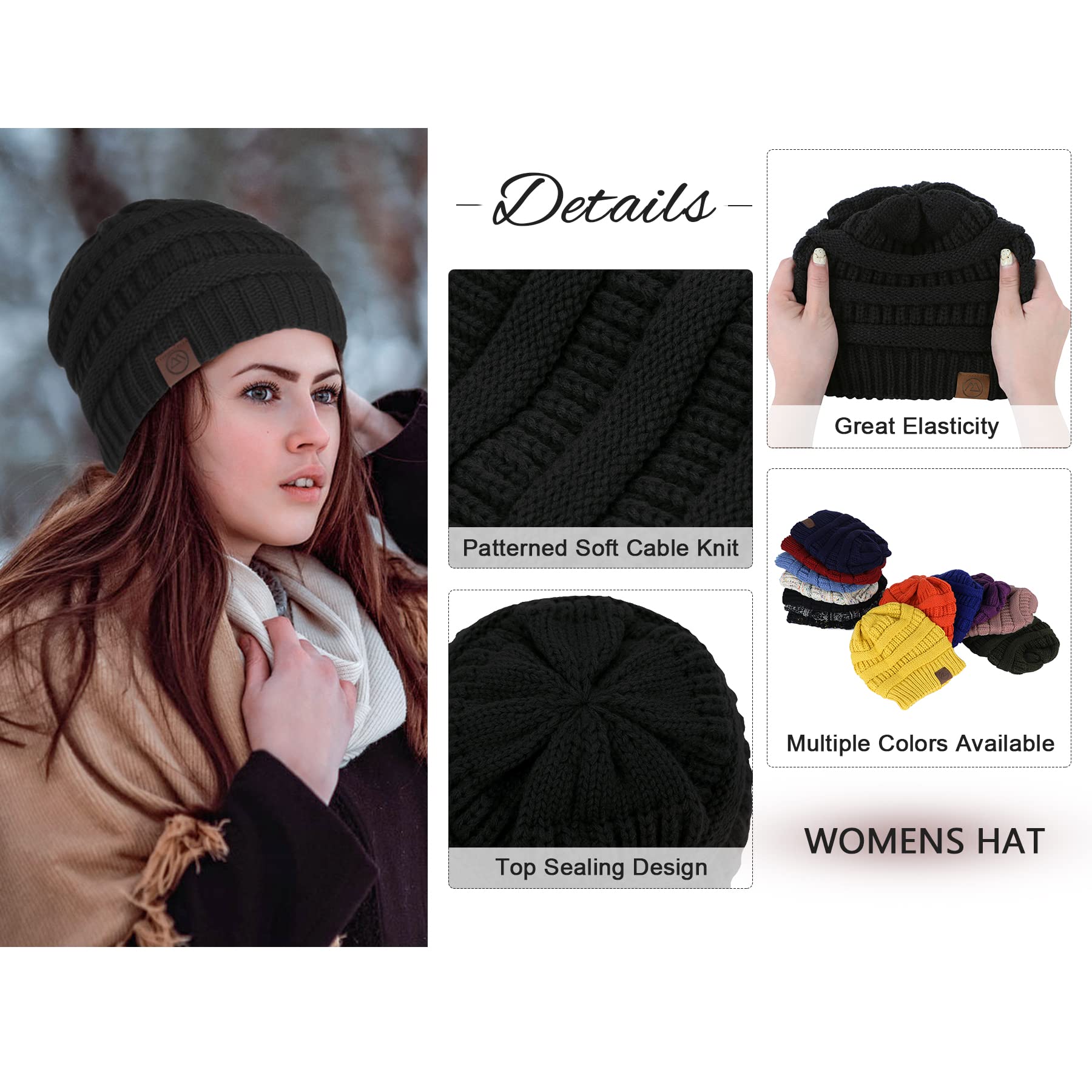 Zando Womens Beanie Hats for Women Men Satin Lined Beanie for Women Warm Winter Hats for Women Unisex Slouchy Beanies for Women knit Beanie Thick Womens Beanies for Winter Black & Grey Beanie Hat