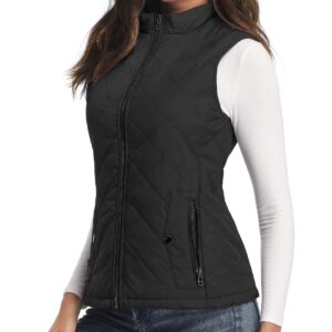 LONGKING Black Women's Vest, Stand Collar Lightweight Zip Quilted Vest for Women L