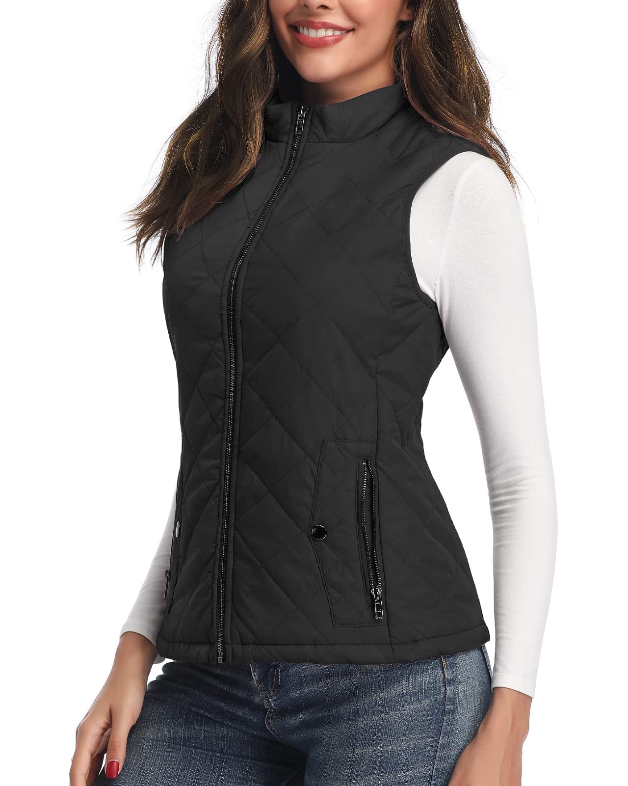 LONGKING Black Women's Vest, Stand Collar Lightweight Zip Quilted Vest for Women L