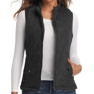 LONGKING Black Women's Vest, Stand Collar Lightweight Zip Quilted Vest for Women L