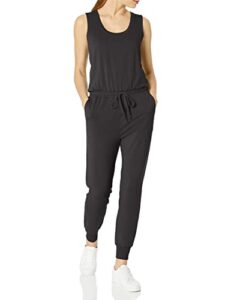 amazon essentials women's studio terry fleece jumpsuit (available in plus size), black, medium