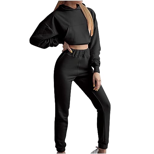 Stessotudo lounge sets for women 2 piece Womens Two Piece Pant Sets Long Sleeve Pullover Cropped Hoodie Tops High Waist Sweatpants Trendy Cute Sweatsuits Black XL