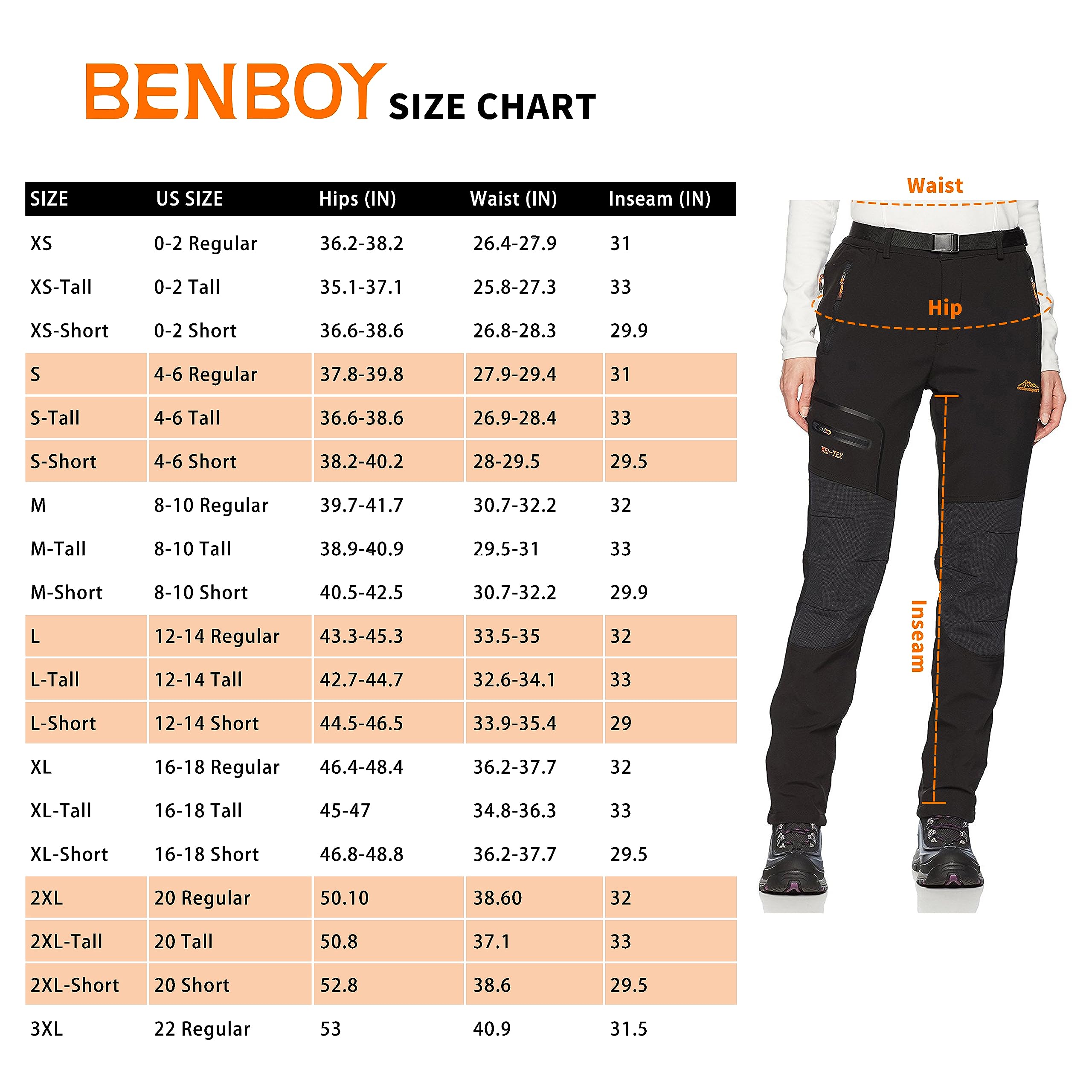 BenBoy Women's Outdoor Waterproof Windproof Fleece Slim Cargo Snow Ski Hiking Pants,Black Medium