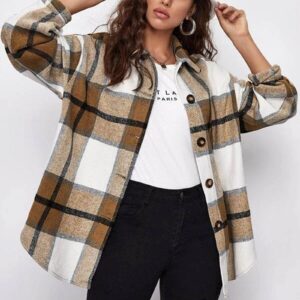 MRGIINRI Womens 2022 Warm Winter Coat Trendy Plaid Print Blazer Jackets Button Down Collar Puffer Shacket Trench Cardigans