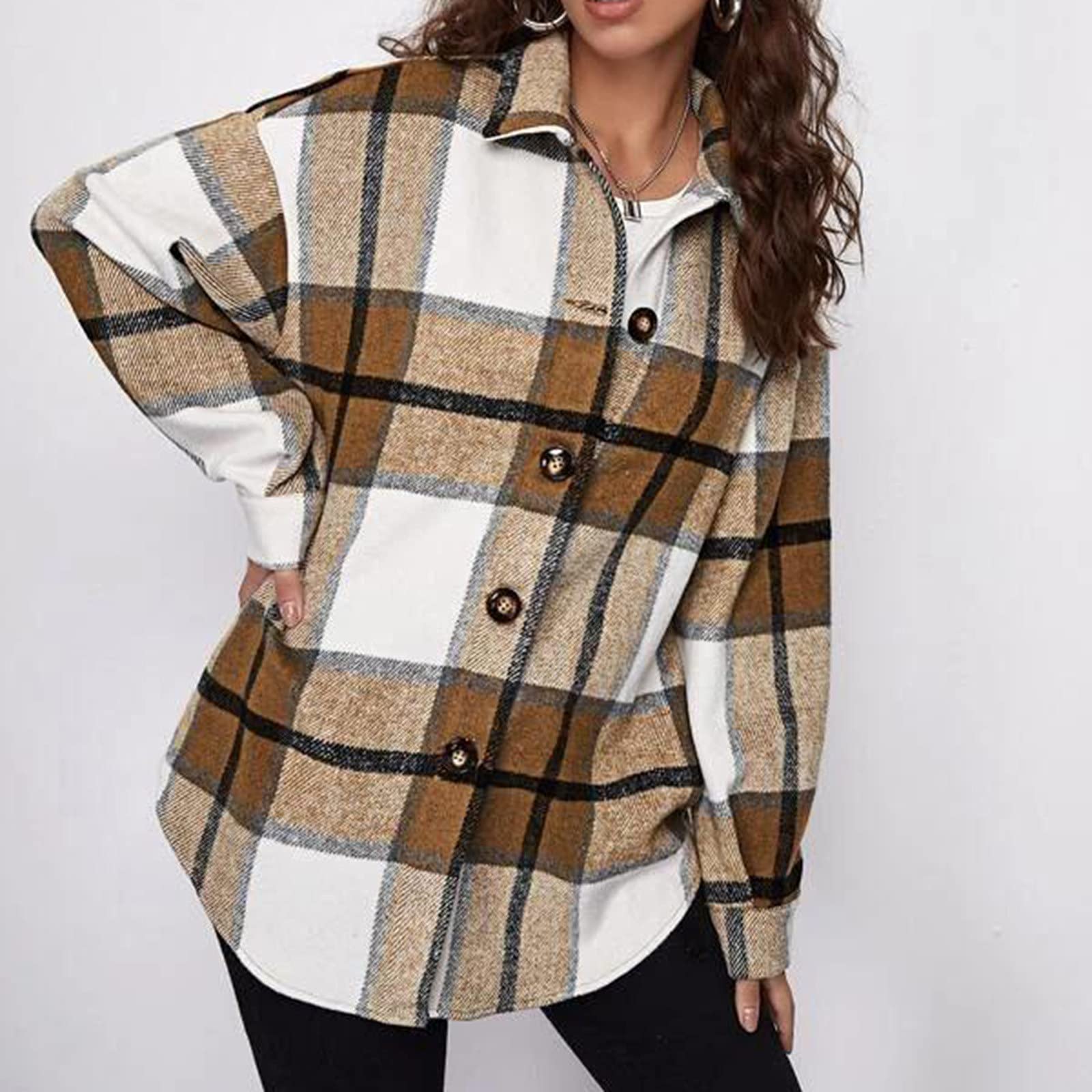 MRGIINRI Womens 2022 Warm Winter Coat Trendy Plaid Print Blazer Jackets Button Down Collar Puffer Shacket Trench Cardigans