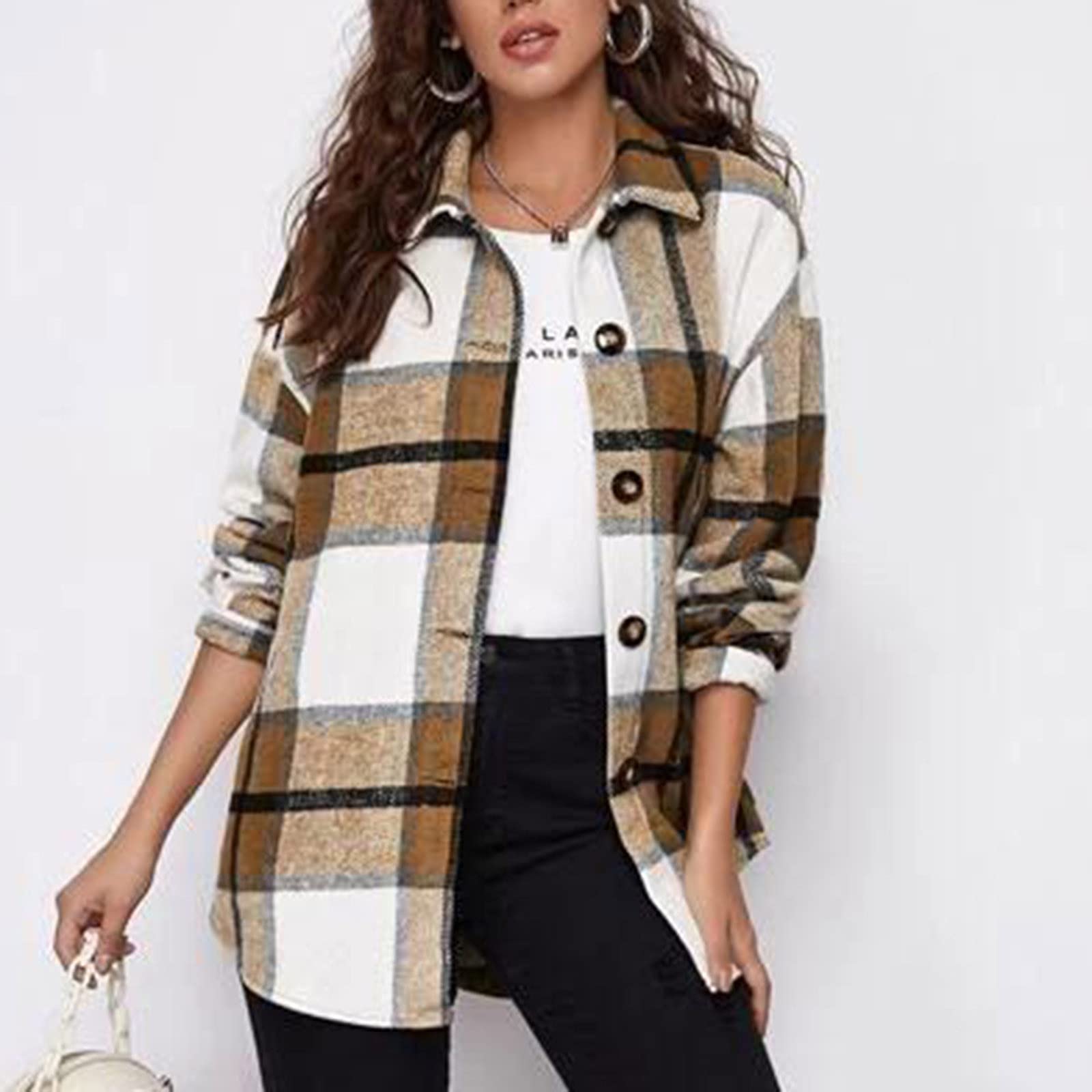 MRGIINRI Womens 2022 Warm Winter Coat Trendy Plaid Print Blazer Jackets Button Down Collar Puffer Shacket Trench Cardigans