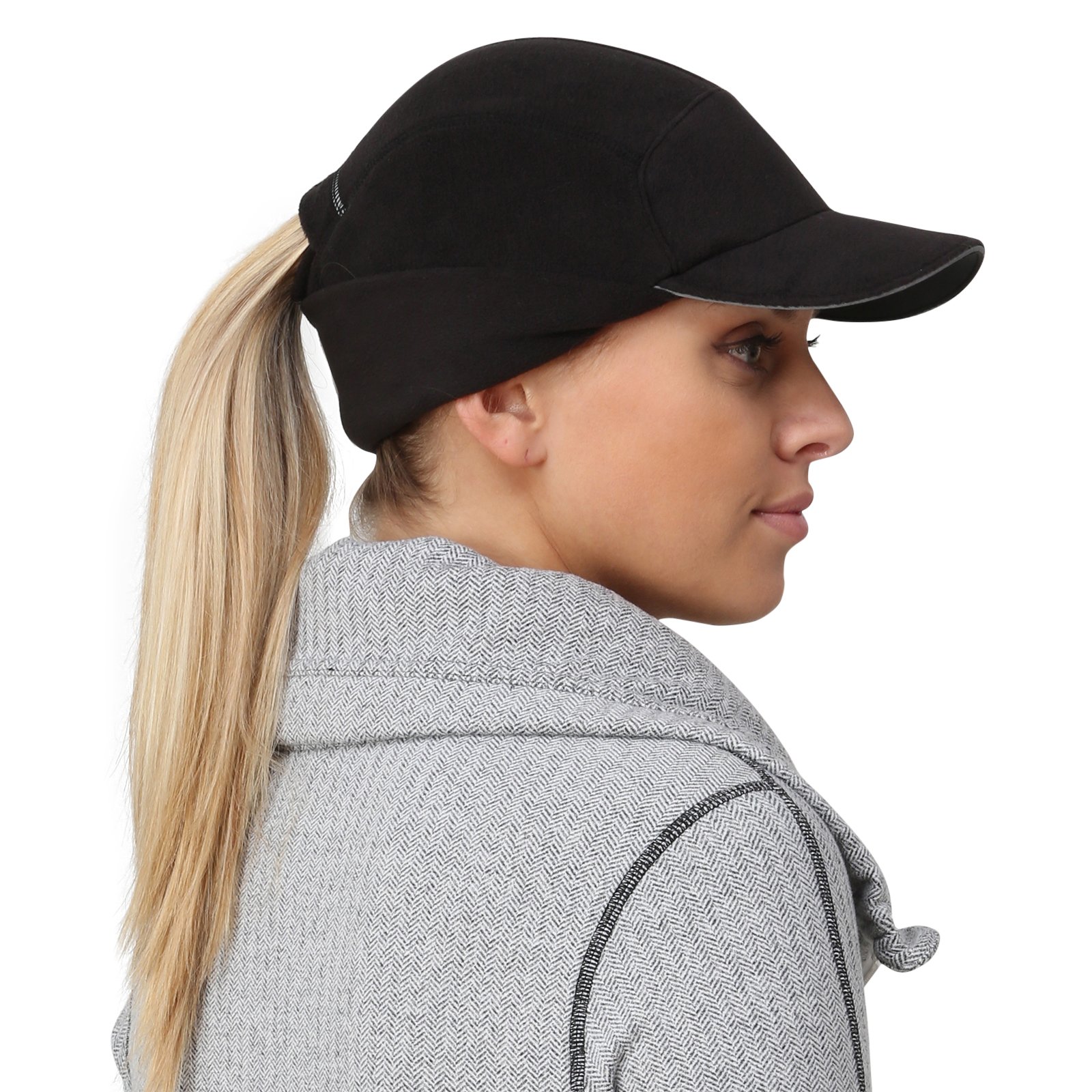 TrailHeads Fleece Ponytail Hat for Women – Trailblazer Reflective Winter Hat with Ponytail Hole for Workouts, Black 2-Pack