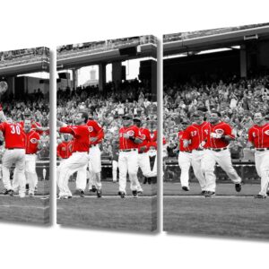 TUMOVO Reds Sports Wall Decor 3 Pieces Canvas Wall Art Black and White Pictures for Home Decoration Cincinnati Baseball Game Paintings Prints and Poster Artwork Framed Ready to Hang, 36" Wx24 H