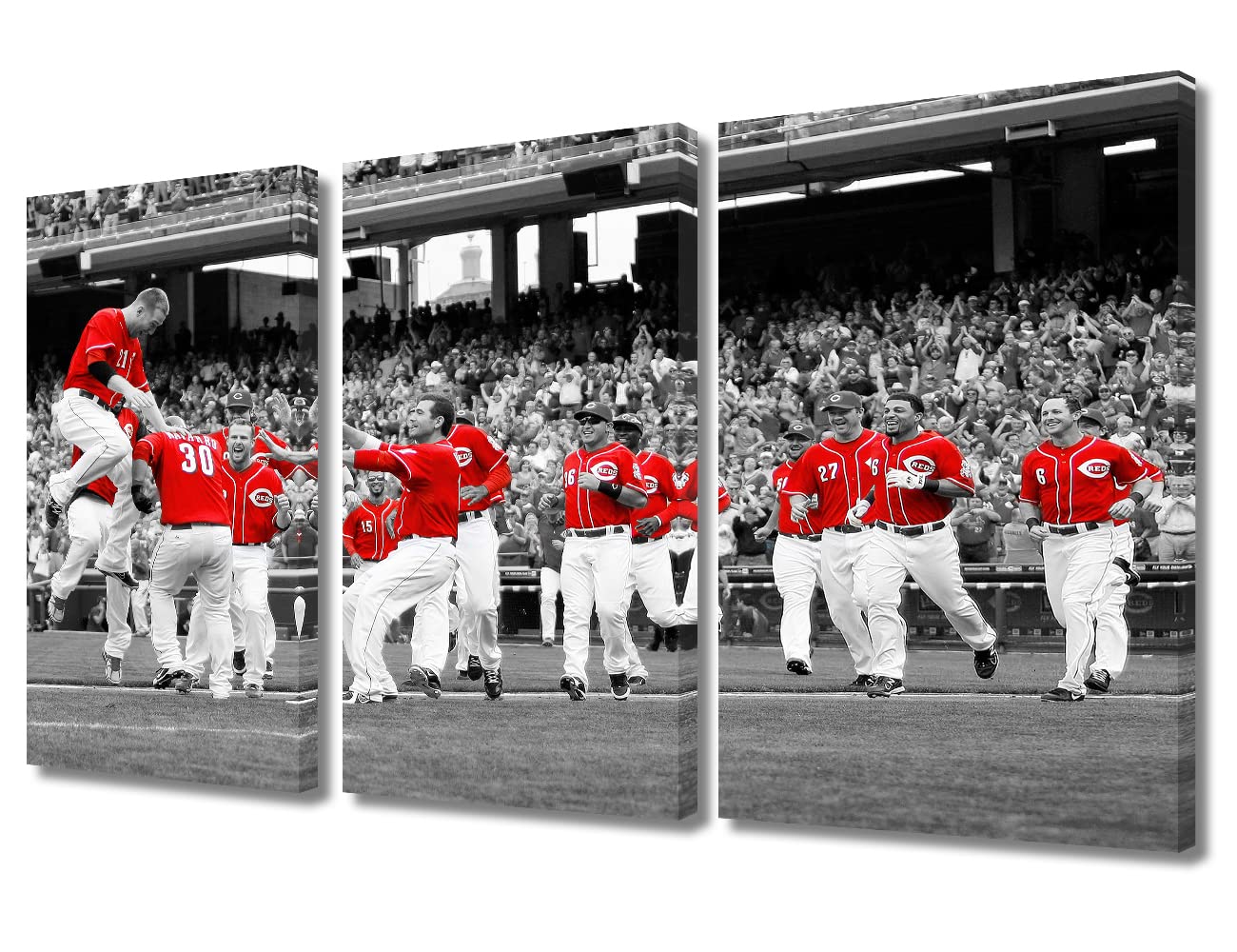 TUMOVO Reds Sports Wall Decor 3 Pieces Canvas Wall Art Black and White Pictures for Home Decoration Cincinnati Baseball Game Paintings Prints and Poster Artwork Framed Ready to Hang, 36" Wx24 H