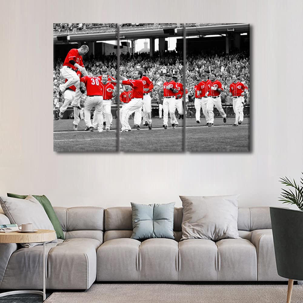 TUMOVO Reds Sports Wall Decor 3 Pieces Canvas Wall Art Black and White Pictures for Home Decoration Cincinnati Baseball Game Paintings Prints and Poster Artwork Framed Ready to Hang, 36" Wx24 H