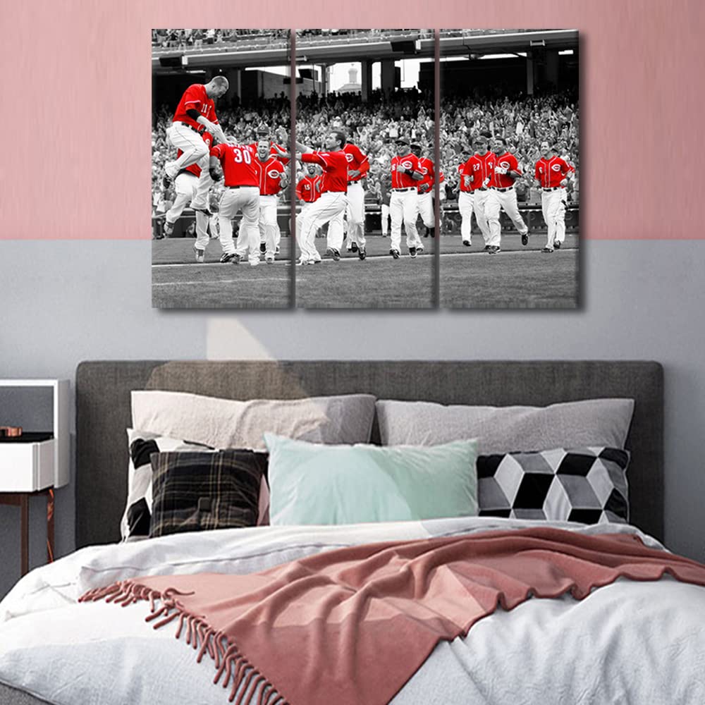 TUMOVO Reds Sports Wall Decor 3 Pieces Canvas Wall Art Black and White Pictures for Home Decoration Cincinnati Baseball Game Paintings Prints and Poster Artwork Framed Ready to Hang, 36" Wx24 H