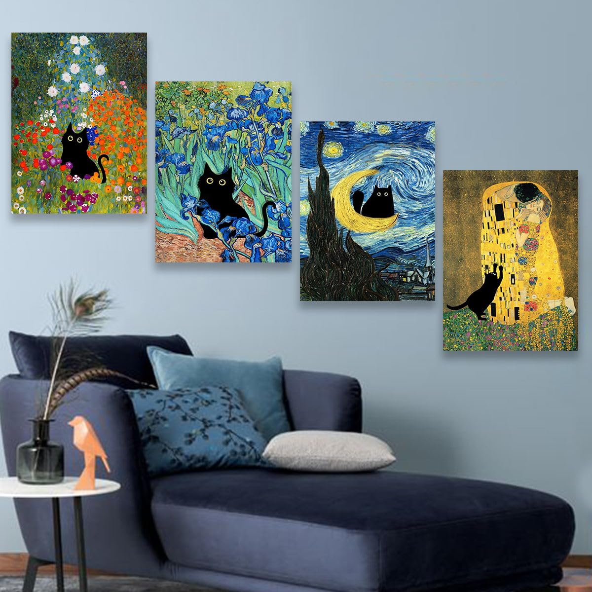 Van Gogh Irises Canvas Wall Art Black Cat Poster Gustav Klimt Garden Flower Paintings Floral Print for Farmhouse Gallery Aesthetic Home Room Decor 18x24 inch