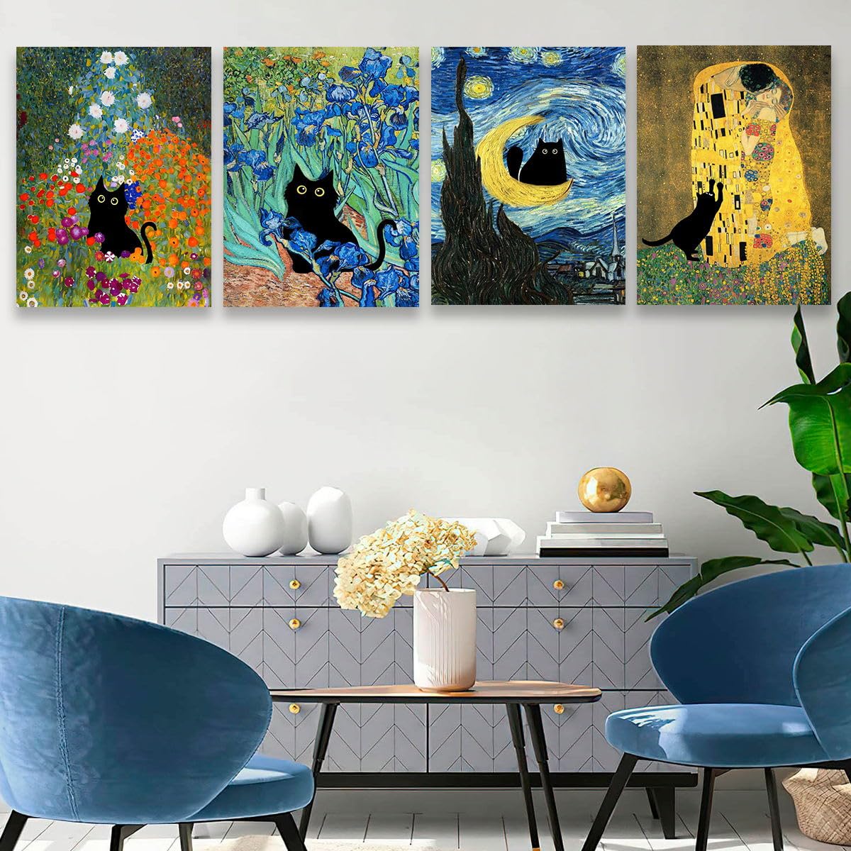 Van Gogh Irises Canvas Wall Art Black Cat Poster Gustav Klimt Garden Flower Paintings Floral Print for Farmhouse Gallery Aesthetic Home Room Decor 18x24 inch