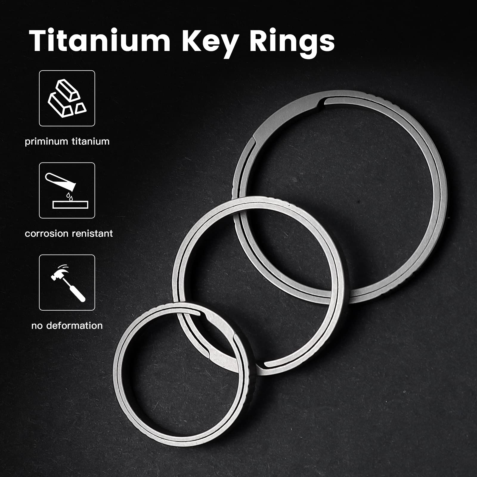 TIKIDESIGN Titanium Key Rings for Keychains, Quick Release Side Pushing Key Chain Rings Kit, Titanium Key Rings for Men Home Car Keys (Black-1L+2M+3S)