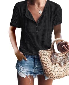 iwollence womens button down shirt short sleeve henley shirt waffle knit tunic v neck tops loose fit black large