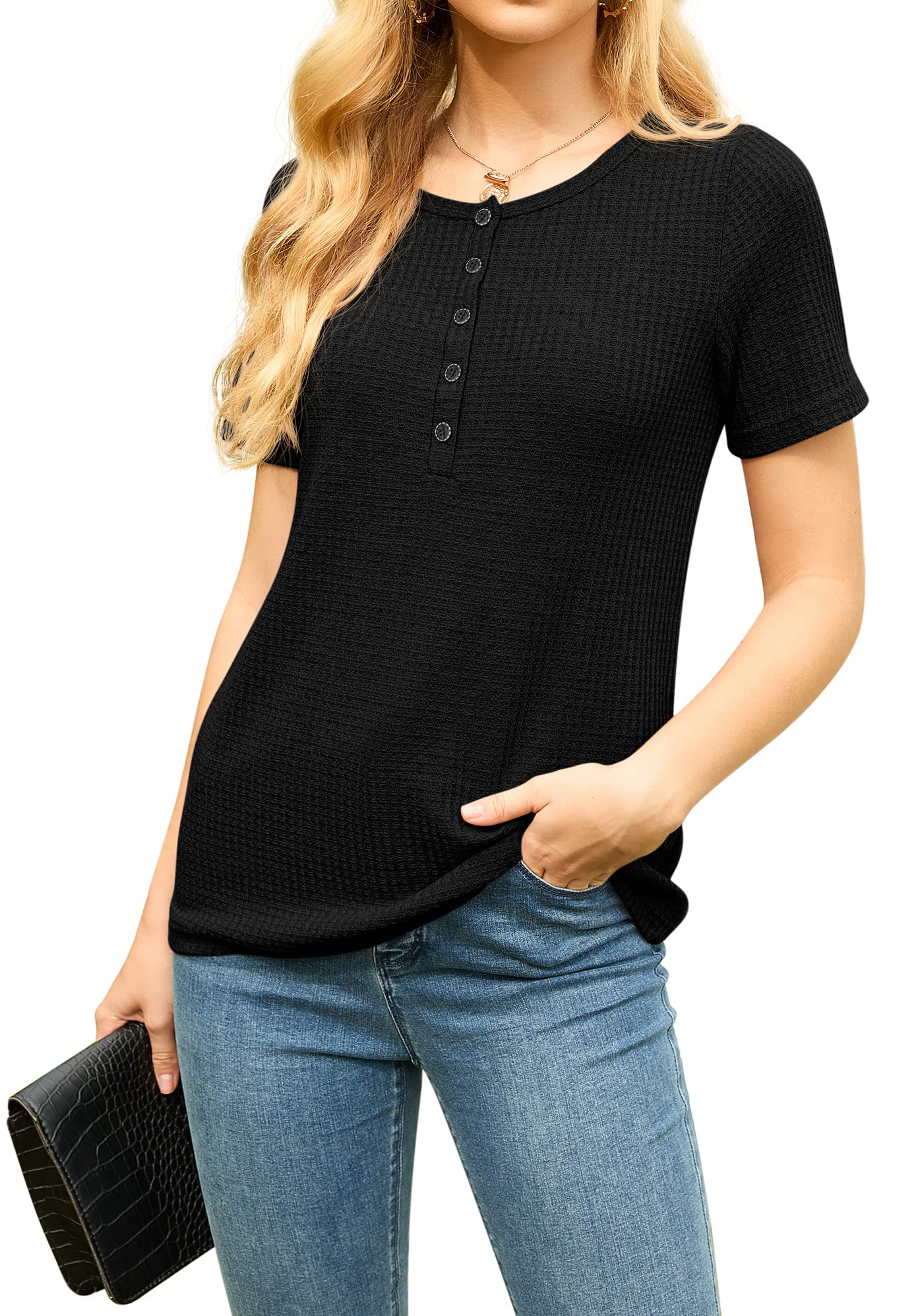 IWOLLENCE Womens Button Down Shirt Short Sleeve Henley Shirt Waffle Knit Tunic V Neck Tops Loose Fit Black Large