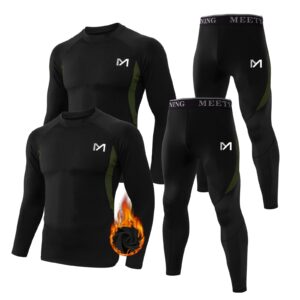 meetyoo thermal underwear, men's base layer,2 sets long johns lined with hunting gear, black+black, small