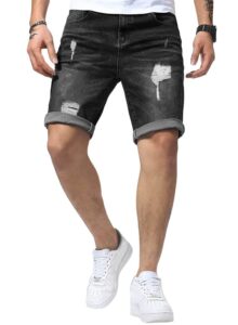 jmierr mens shorts casual denim stretch slim fit washed distressed rolled ripped jean shorts for men us 36(l) model b black