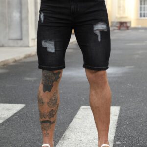 JMIERR Mens Shorts Casual Denim Stretch Slim Fit Washed Distressed Rolled Ripped Jean Shorts for Men US 36(L) Model B Black