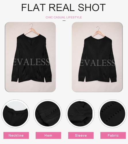 EVALESS Women's Cute Long Sleeve Striped Sweaters Fall V Neck Sweater Tops 2023 Color Block Loose Knitted Pullover Sweaters Black Small