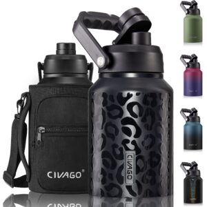 CIVAGO Half Gallon Insulated Water Bottle Jug, 64 oz Stainless Steel Sports Water Flask, Big Metal Canteen Growler with Storage Sleeve and Handle, Black Leopard