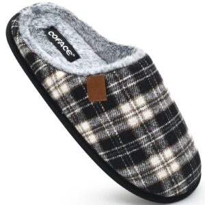 COFACE Mens Womens Black White Flano Plaid Cozy Memory Foam Scuff Slippers Slip On Warm House Shoes Indoor/Outdoor With Best Arch Support