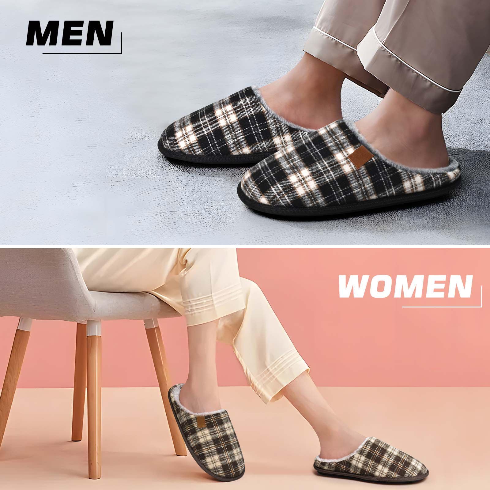 COFACE Mens Womens Black White Flano Plaid Cozy Memory Foam Scuff Slippers Slip On Warm House Shoes Indoor/Outdoor With Best Arch Support