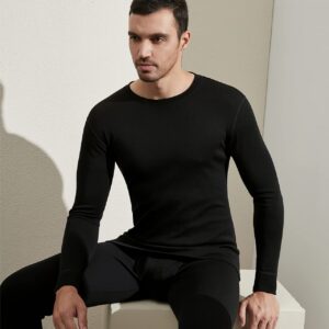 Lapasa Mens 100% Merino Wool Base Layer Thermal Shirt Underwear Long Sleeve Crew Neck Thermal Top M29, Black, Large