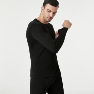 Lapasa Mens 100% Merino Wool Base Layer Thermal Shirt Underwear Long Sleeve Crew Neck Thermal Top M29, Black, Large